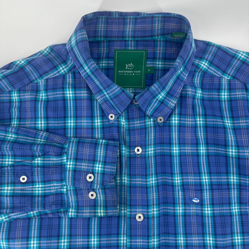 Southern Tide Club Mens L Blue Teal Plaid Cotton Button Down Long Sleeve Shirt
